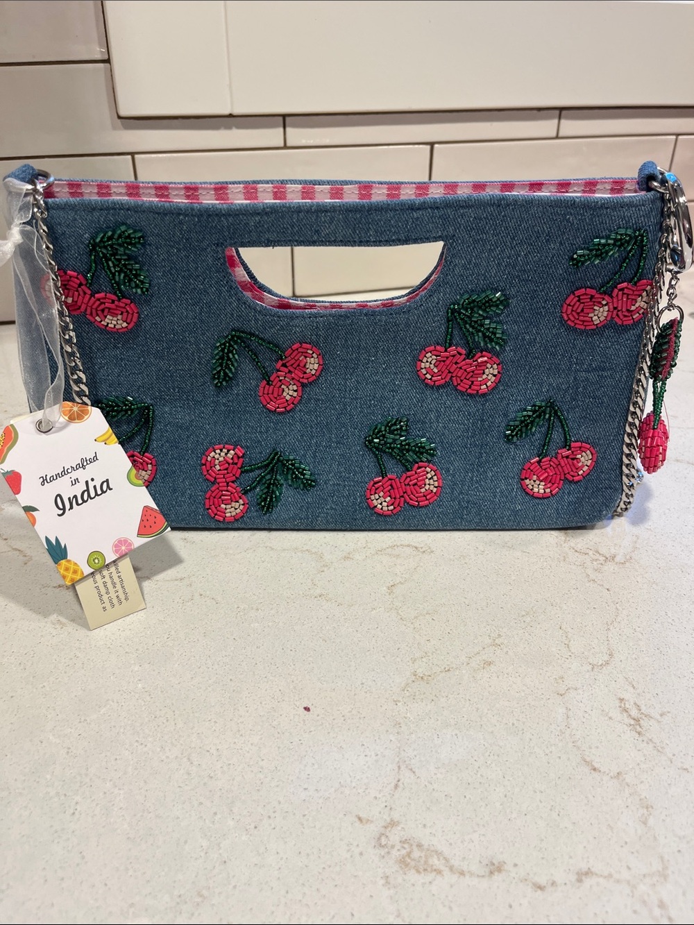 Denim Cherry Embroidered Clutch with Chain Strap - Blue & Pink